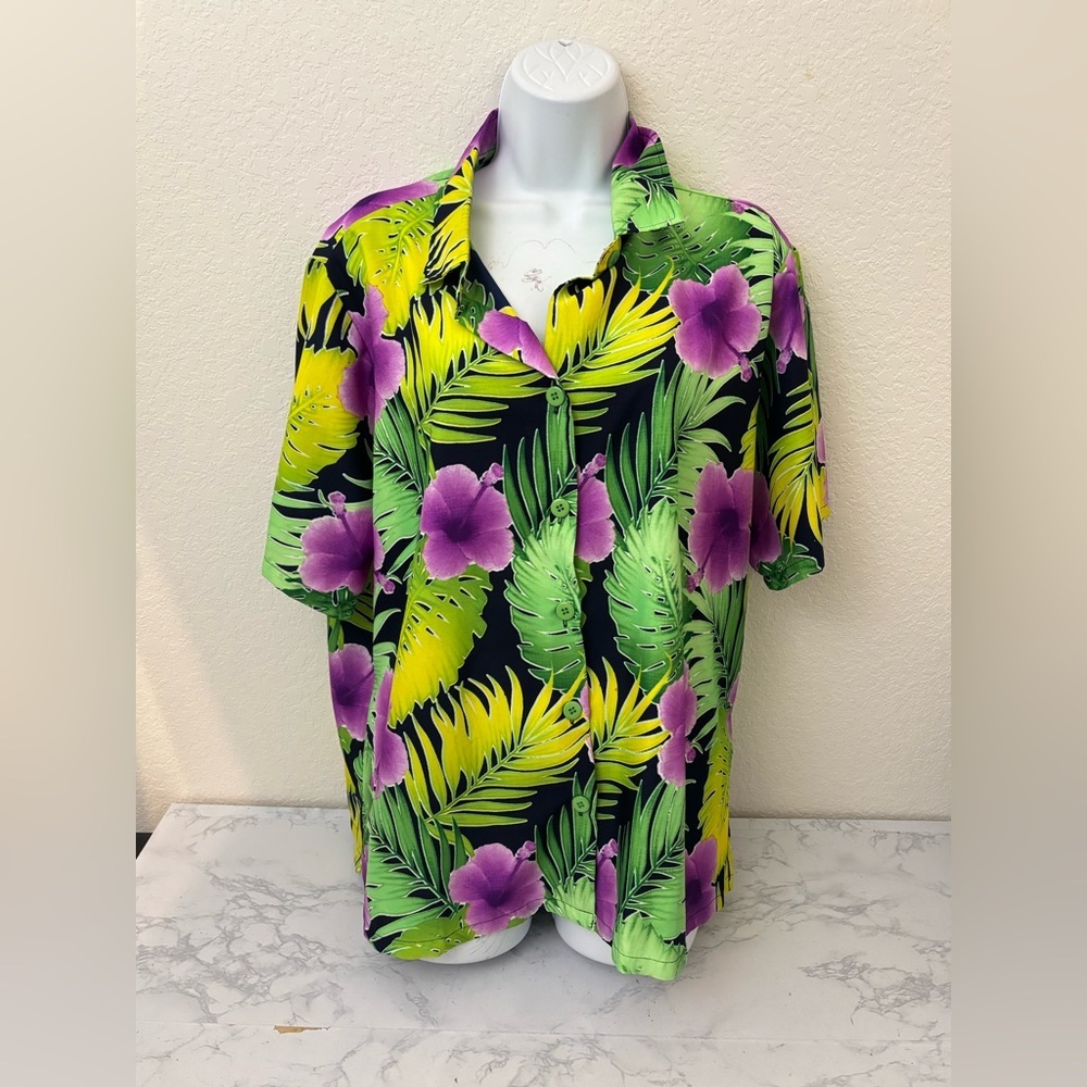 La Leela Women's Hawaiian Floral Shirt Short Sleeve Purple Green Size L Top​